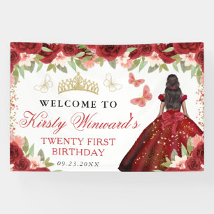 Red Dress Dark Skin Princess Floral Birthday Banner