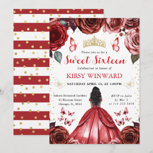 Red  Dress Dark Skin Princess Sweet 16 Invitation