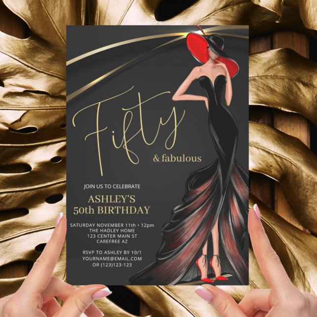 Red Dress Fabulous Black Gold 50th  Invitation (Creator Uploaded)