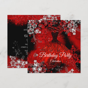 Red Dress Feathers Silver Birthday Party Invitation