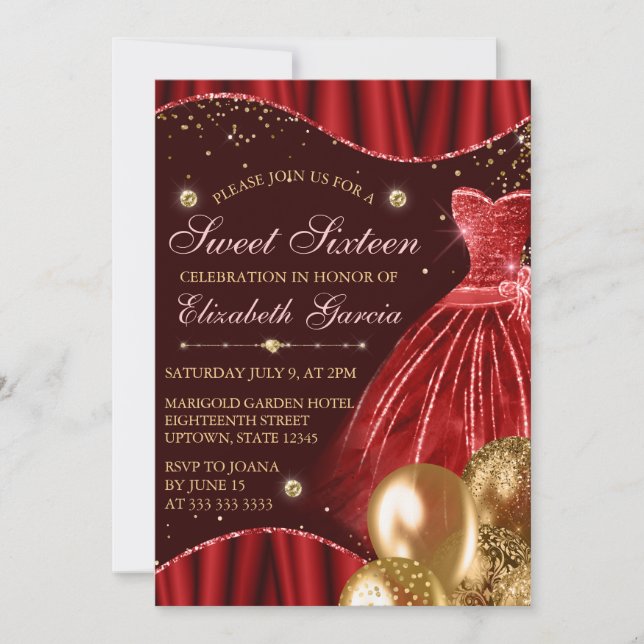 Red Dress & Gold Glitter Balloons Sweet 16 Invitation (Front)