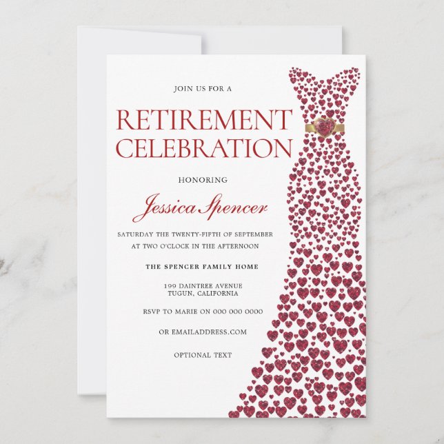 Red Dress Gold Womans Retirement Party Celebration Invitation (Front)