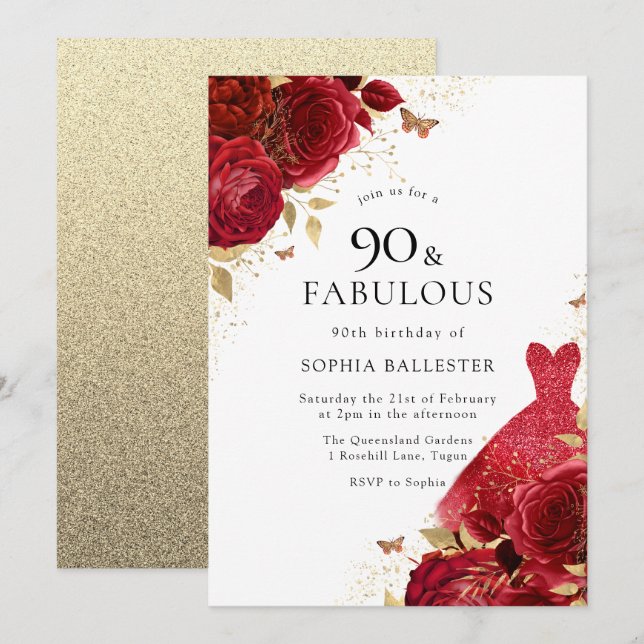 Red Dress & Roses Gold Glitter 90th Birthday Invitation (Front/Back)