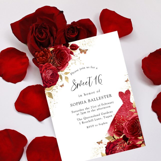 Red Dress & Roses Gold Glitter sweet 16 Invitation (Creator Uploaded)