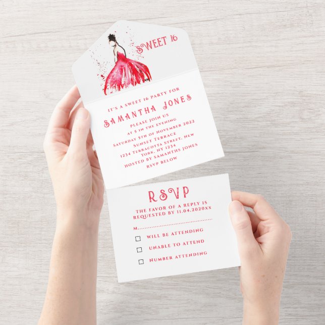 Red Dress Sweet 16 Floral Sixteen Girly Elegant All In One Invitation (Tearaway)