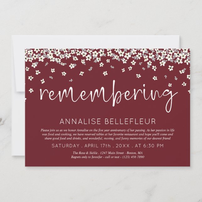 Red Drifting Flowers Remembering Death Anniversary Invitation (Front)