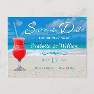 Red Drink Ocean Beach Save the Date Announcement Postcard