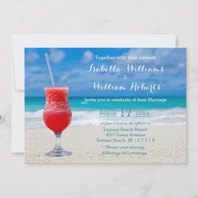 Red Drink Ocean Beach Wedding Invitation (Front)