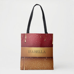 Red Dripping Paint Over Gold Glitter Background Tote Bag
