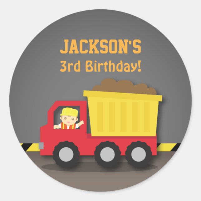 Red Dump Truck Boy Construction Birthday Party Classic Round Sticker (Front)