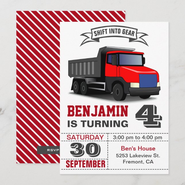 Red Dump Truck Kids Birthday Party Invitation (Front/Back)