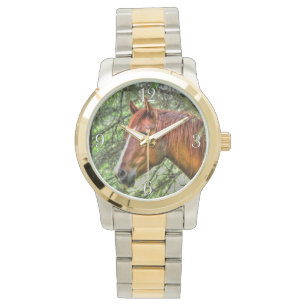 Red Dun Horse Head & Trees Photo Portrait Watch