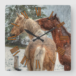 Red Dun & Palomino Winter Horses Equine photo Square Wall Clock