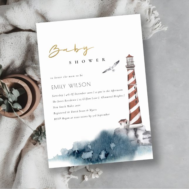 RED DUSKY BLUE LIGHTHOUSE SEA BABY SHOWER INVITE (Creator Uploaded)