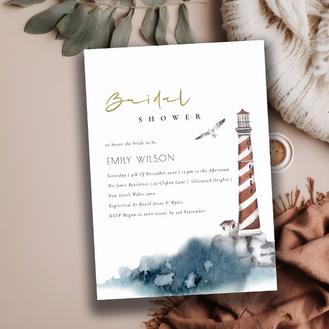 RED DUSKY BLUE LIGHTHOUSE SEA BRIDAL SHOWER INVITE (Creator Uploaded)