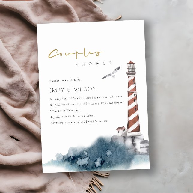 RED DUSKY BLUE LIGHTHOUSE SEA COUPLE SHOWER INVITE (Creator Uploaded)