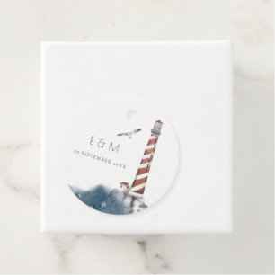 RED DUSKY BLUE LIGHTHOUSE SEA MONOGRAM WEDDING FA FAVOUR TAGS