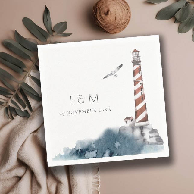 RED DUSKY BLUE LIGHTHOUSE SEA MONOGRAM WEDDING  NAPKIN (Creator Uploaded)