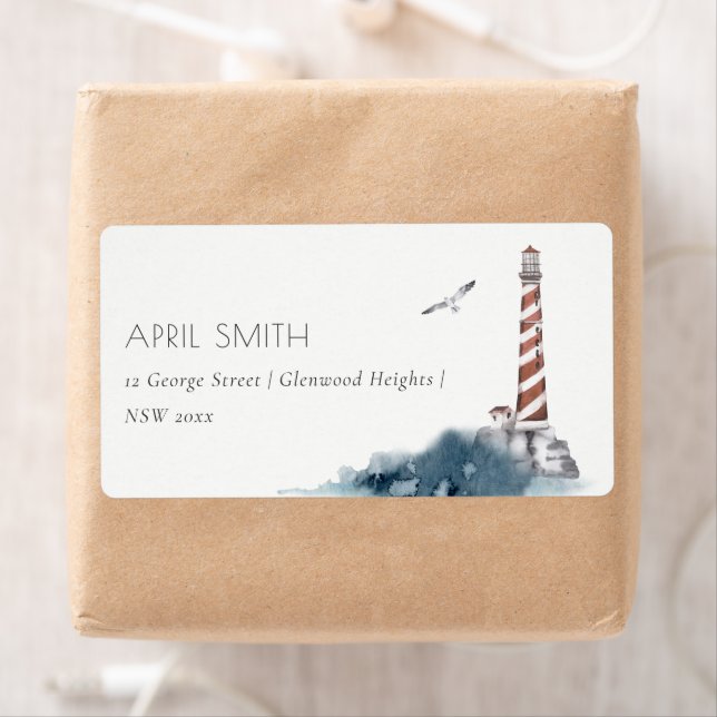 RED DUSKY BLUE LIGHTHOUSE SEA WAVES ADDRESS LABEL (Insitu)