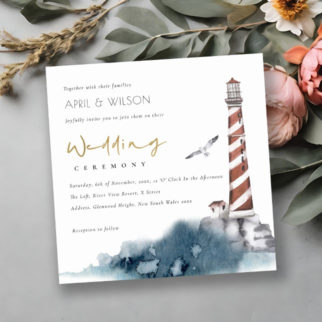 RED DUSKY BLUE LIGHTHOUSE SEA WAVES WEDDING INVITE (Creator Uploaded)