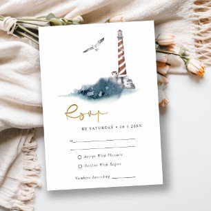RED DUSKY BLUE LIGHTHOUSE SEA WAVES WEDDING RSVP ENCLOSURE CARD