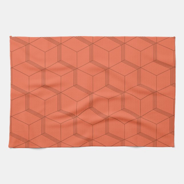 Red, dynamic, retro, cool trendy cube line pattern kitchen towel (Horizontal)
