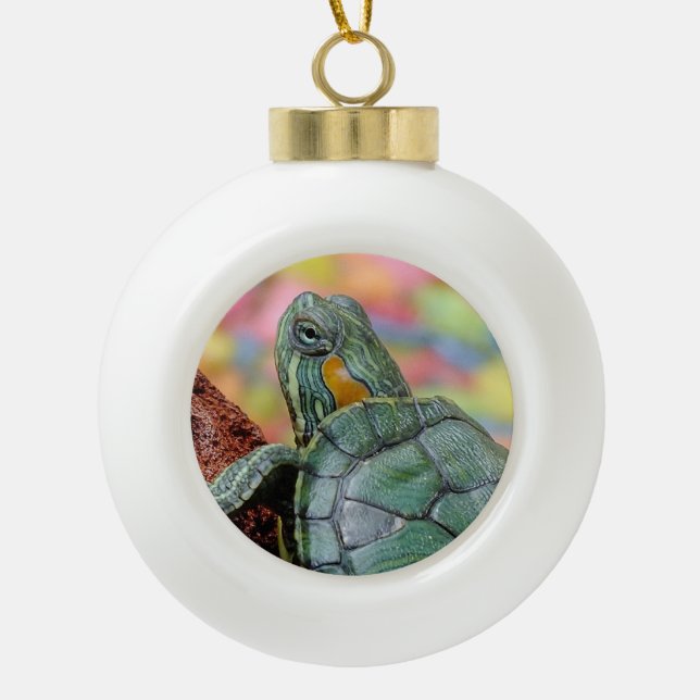 Red-eared slider turtle ceramic ball christmas ornament (Front)