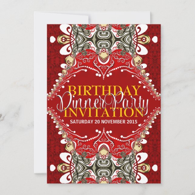 Red Eastern Batik Tribal Birthday Dinner Party Invitation (Front)
