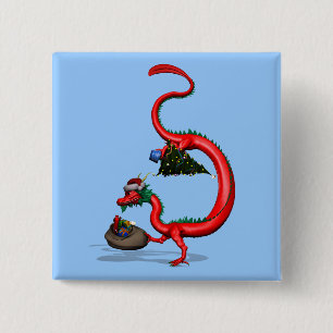Red Eastern Dragon 2 Inch Square Button