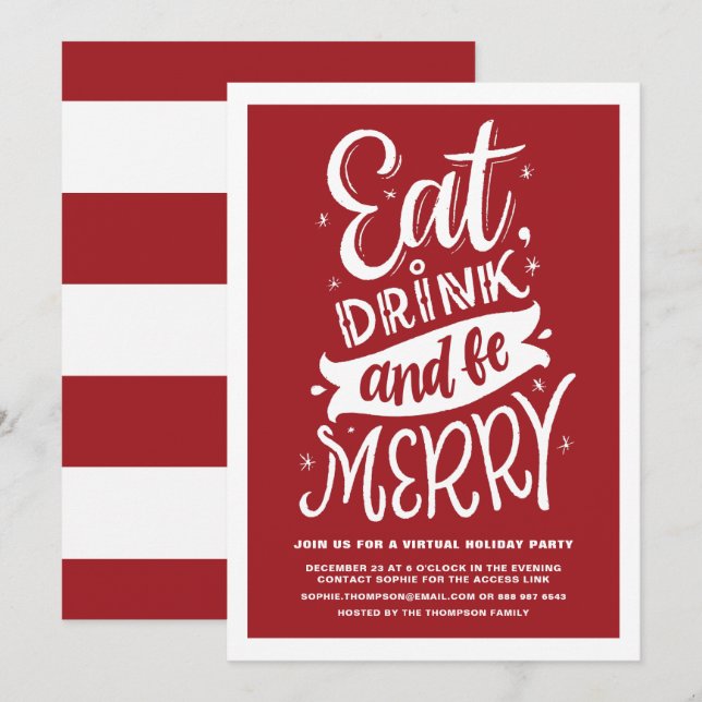 Red Eat Drink and Be Merry Virtual Christmas Party Invitation (Front/Back)