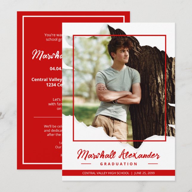 Red Edgy Abstract Torn Photo Graduation Invitation (Front/Back)