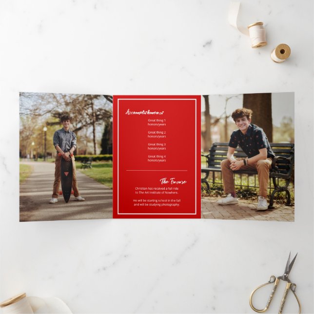 Red Edgy Abstract Torn Photo Graduation Tri-Fold Invitation (Inside)
