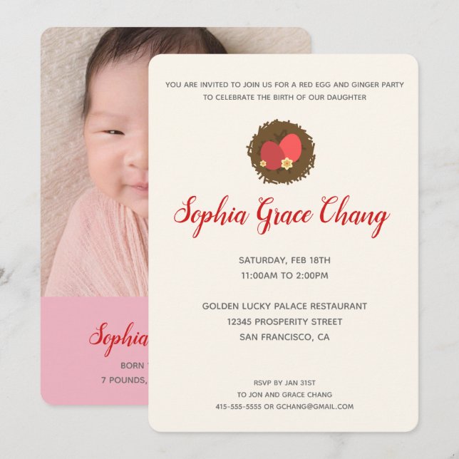 Red egg and ginger party 100 day photo invitation (Front/Back)