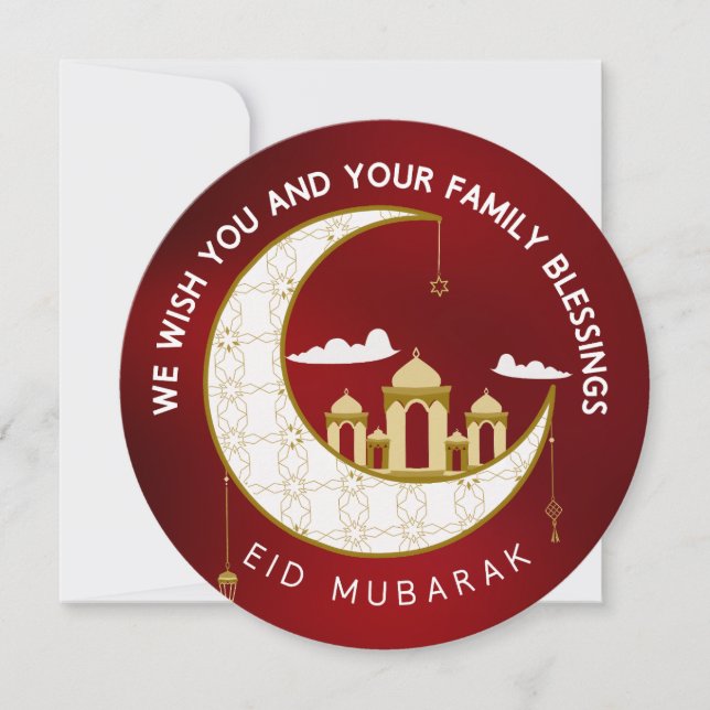 Red Eid Al-Fitr Mubarak Greeting Circle Holiday Card (Front)