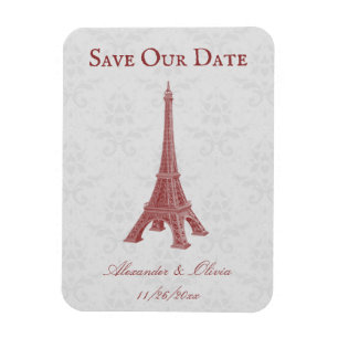 Red Eiffel Tower Damask Enregistrer La Date Magnet