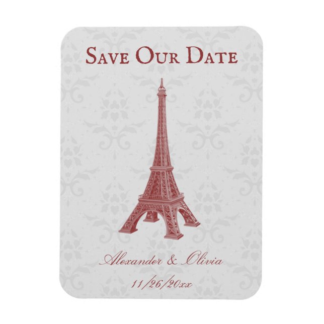 Red Eiffel Tower Damask Enregistrer La Date Magnet (Vertical)