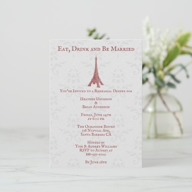 Red Eiffel Tower Damask Rehearsal Dinner Invitation (Standing Front)