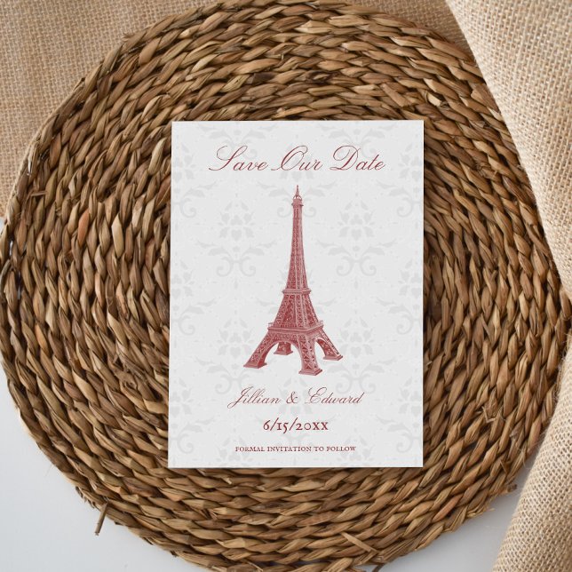 Red Eiffel Tower Damask Save The Date Announcement (Red Eiffel Tower Damask Save the Date)