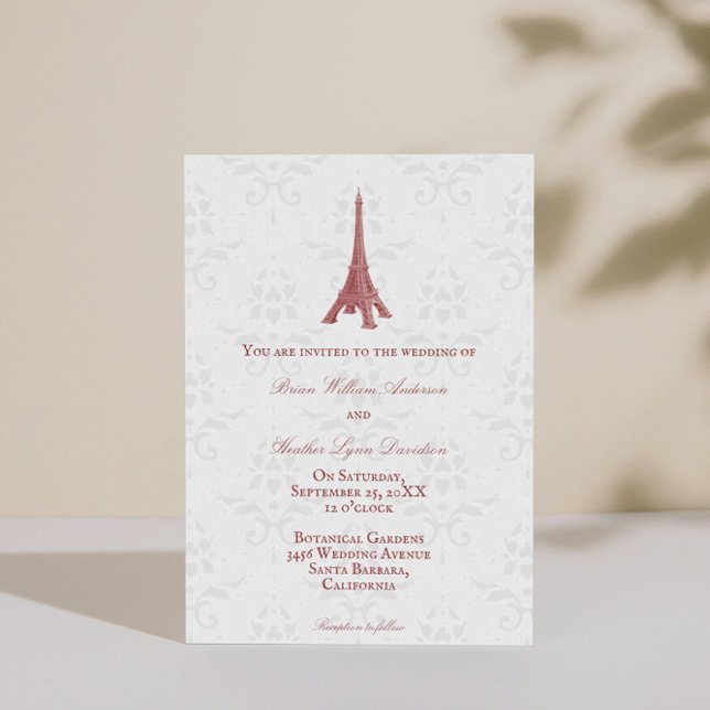 Red Eiffel Tower Damask Wedding Invitation (Red Eiffel Tower Damask Wedding Invitation)