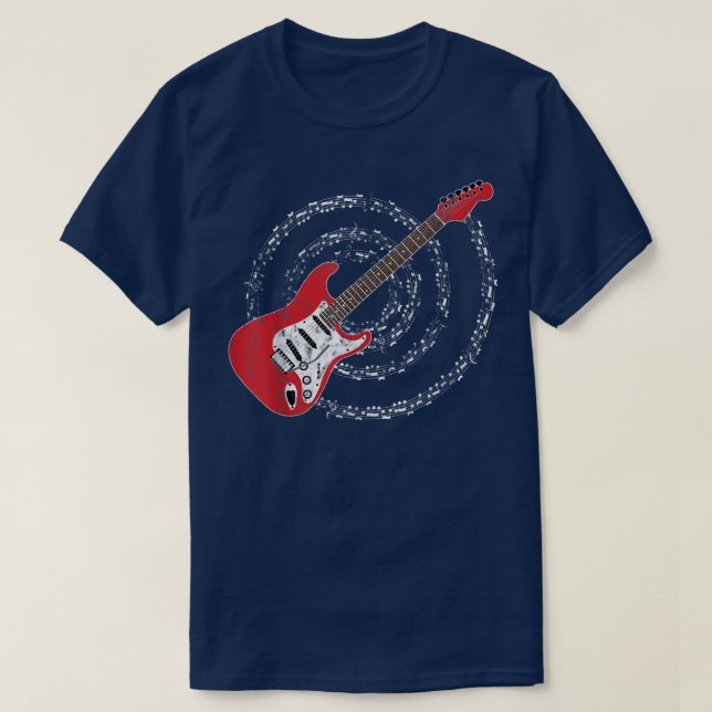 Red Electric Guitar Spiralling Musical Notes  T-Shirt (Design Front)