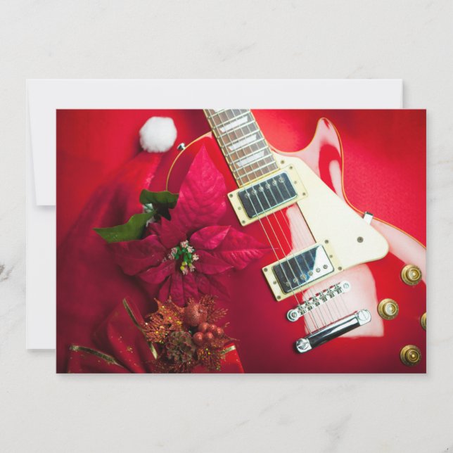 Red Electric Guitar With Christmas Ornaments Holiday Card (Front)