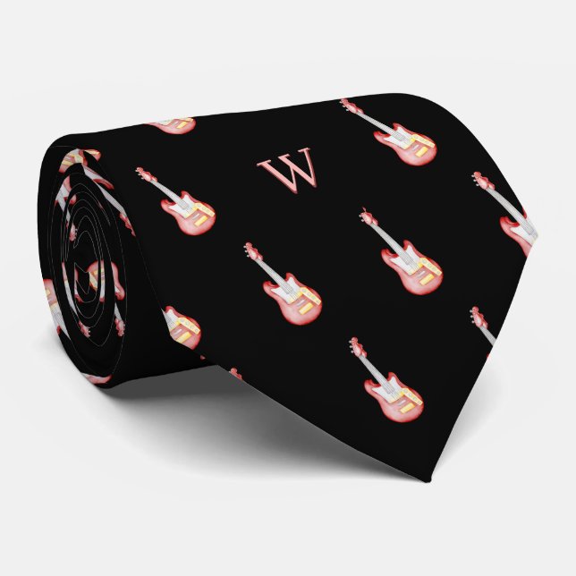Red Electronic Guitar Music Monogram Initial Black Tie (Rolled)