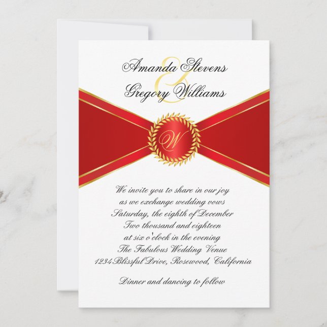Red Elegance Monogram Wedding Invitation (Front)