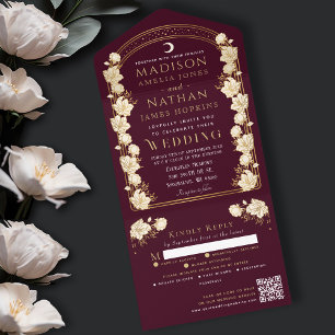 Red Elegant Arch Art Nouveau QR Code Wedding All In One Invitation