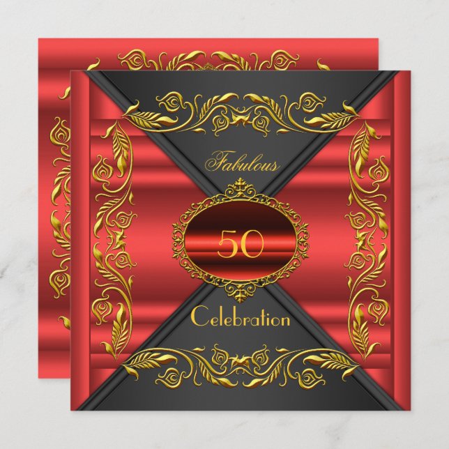 Red Elegant Black Gold Fabulous 50th Birthday Invitation (Front/Back)