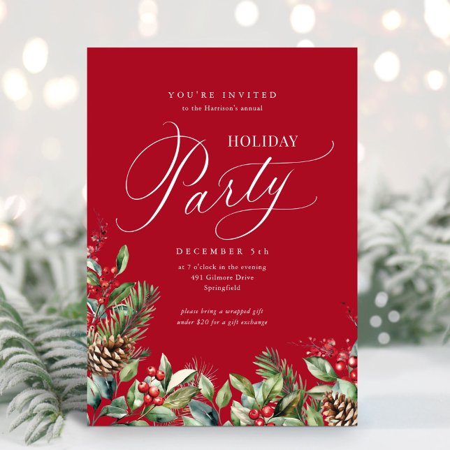 Red Elegant Botanical Script Holiday Party Invitation (Creator Uploaded)