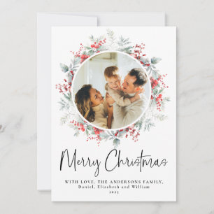 Red Elegant Botanical Wreath Christmas Script Holiday Card