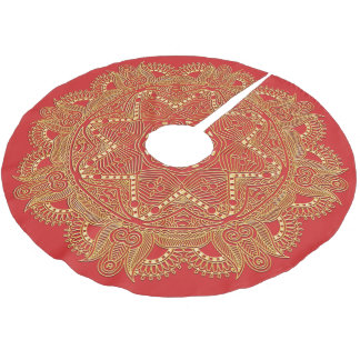 Red Elegant Chic Golden Mandala Flower Art Pattern Brushed Polyester Tree Skirt