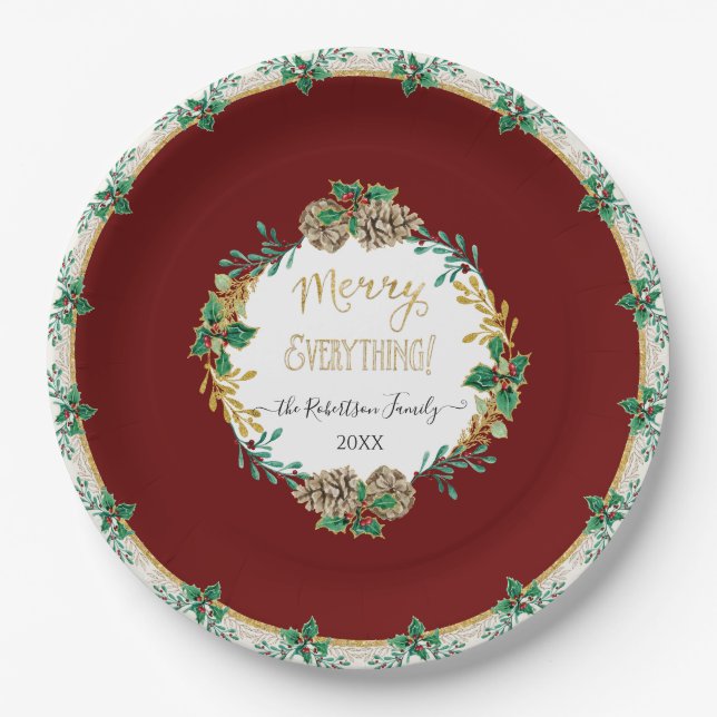 Red Elegant Christmas Holly Watercolor Gold Family Paper Plate (Front)