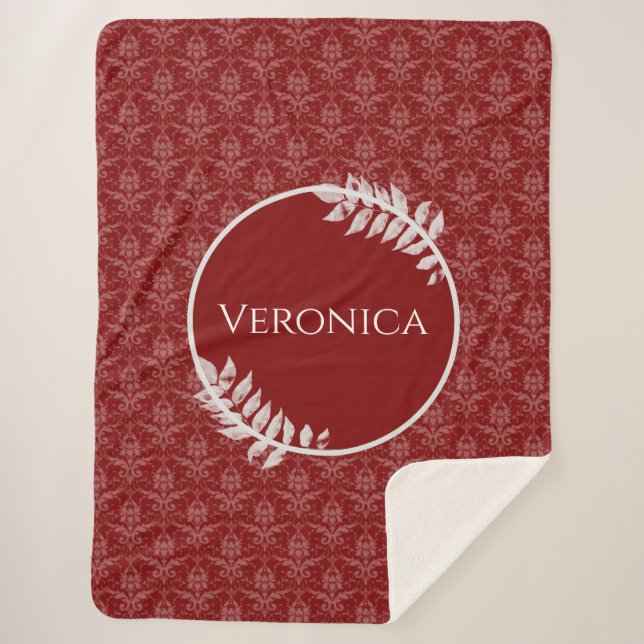 Red Elegant Damask Personalized Sherpa Blanket (Front)